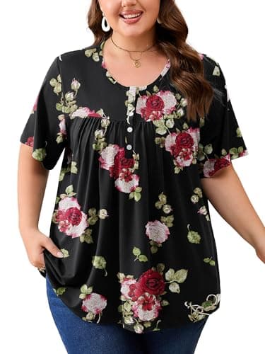 AusLook Plus Size Floral Tunic Tops for Women Pleated Babydoll Blouse Short Sleeve Round Neck Loose Fit Casual Flowy Midnight Red Rose 5X Tunic Shirts Summer Tops to Wear with Leggings - Image 1