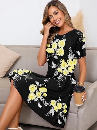 Heymoments Women's Short Sleeve Dress Floral Print Small Round Neck Casual Flowy Midi Sundress Comfy Tshirt Ladies Teachers Summer Beach Swing 2025 Novelty Boho Dresses with Pockets - Thumbnail 2