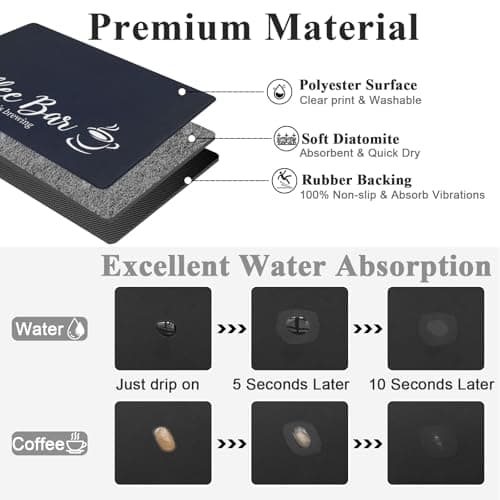 SHACOS Coffee Mat 2-Pack 12x19 Inch Absorbent Non Slip Rubber Bar Accessories Coffee Maker Mat for Countertop Dish Drying Mat Heat Resistant, Black - Thumbnail 2