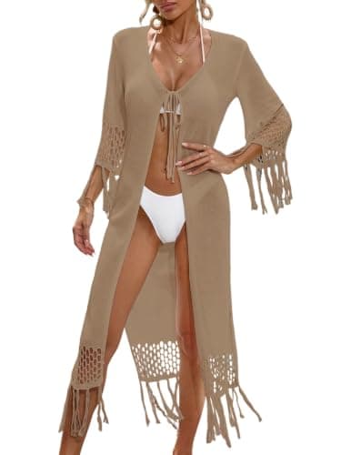 BreathSunny Womens Crochet Knit Swimsuit Coverup Long Cardigan Summer 2026 Tie Open Front Tassel Hollow Out Long Sleeve Mesh Swimwear Beach Swim Bikini Bathing Suit Cover Up Kimono Khaki M - Image 1