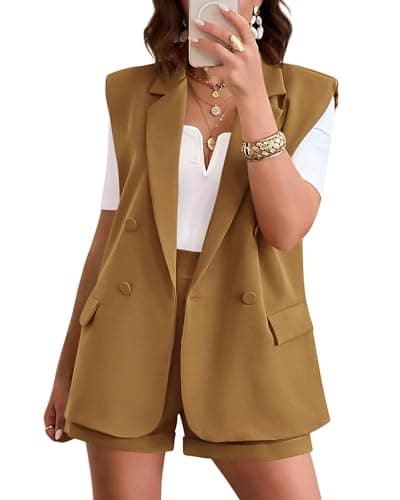 KIRUNDO 2 Piece Outfits for Women Double Breasted Open Front Sleeveless Blazer and Shorts Suit Set Business Casual Summer Sets Spring Fashion Clothing(Brown Yellow, Medium) - Image 1