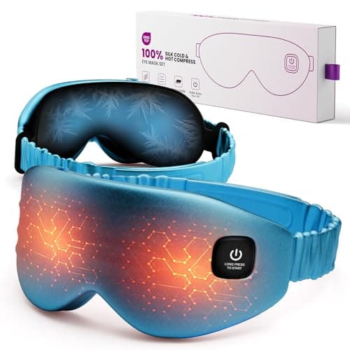 100% Silk Wireless Heated Eye Mask with Cooling, Relieves Dry Eye Syndrome and Puffy, Reduces Dark Circles, Adjustable Velcro Design and Washable Cover, Suitable for Travel & Gifts-Blue