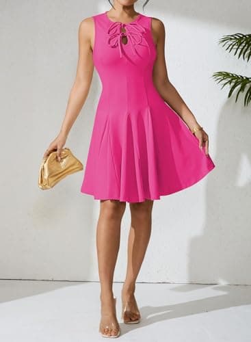 Pink Queen Bow Neck Sexy Flared Mini Dresses for Women Date Night Casual Cute A Line Empire Waist Slim Vacation Knit Short Dress Outfits Hot Pink M - Thumbnail 4