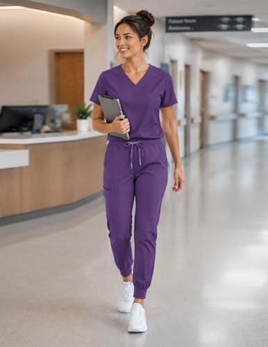 VECARDI Women's Scrub Jogger Pants High Waisted Stretch Nurse Work Bottoms 5 Pockets Elastic Waist Slim Fit Dark Purple - Thumbnail 3