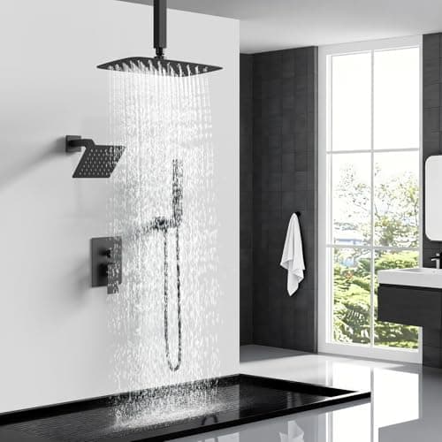 Orovessina Shower Faucet Set, 12" Ceiling Mount Rainfall Shower System with 2 Rain Shower Heads, 2-in-1 Handheld, Solid Brass Pressure Balancing Shower Valve and Trim Kit, Matte Black - Thumbnail 6