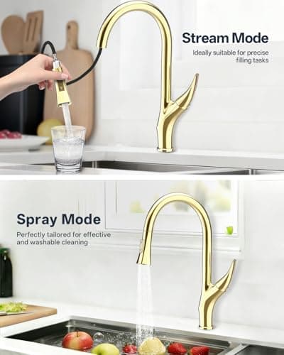Kitchen Faucet with Pull Down Sprayer, Brass Faucet for Kitchen Sink, Bar Faucet with Ceramic Cartridge,Kitchen Sink for for RV, Bar, Farmhouse, Laundry, Outdoor (Standard, Brushed Zircon Gold) - Thumbnail 3