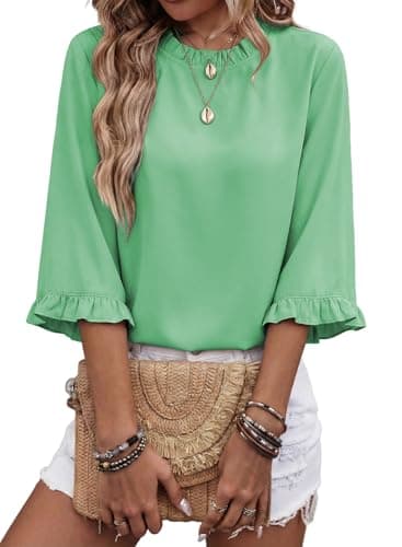 EVALESS Women's Tops 3/4 Length Sleeves Shirts with Mock Neck Green Batwing Elegant Peasant Blouse Lightweight Breathable Chiffon Fabric for Summer Party Wear Daily Life Office Casual 2026, Medium - Image 1
