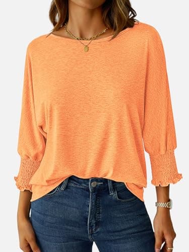 NORACORA Blouses for Women Dressy Casual 3/4 Length Sleeve Womens Tops with Smocked Cuffs Spring Summer Casual Shirts Grapefruit Orange T-481255-XS - Thumbnail 2
