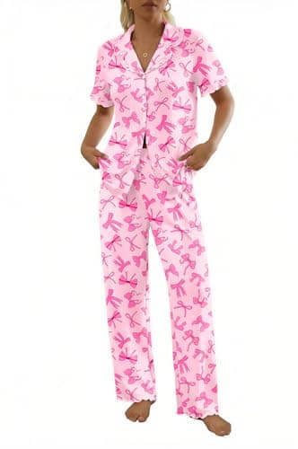 Ekouaer Womens Pajama Sets Ruffle Sleeve Printed PJs 2 Piece Button Down Sleepwear Comfy Loungewear with Pockets Bow Print L - Thumbnail 2