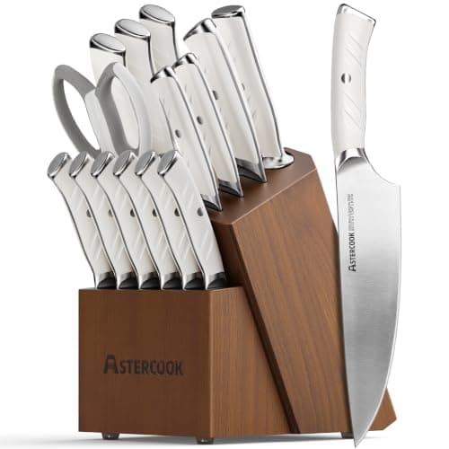 Knife Set, Astercook Kitchen Knife Set with Block, 15 Pcs Luxurious High Carbon German Stainless Steel Knives Set with Full Tang Ergonomic Handle, Dishwasher Safe Knife Set with Sharpening Rod - Image 1