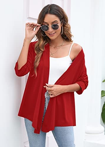 Heymoments Cardigan for Women Crimson Large Draped Open-Front 3/4 Sleeve Lightweight Casual Soft Drape Summer Fall Kimonos Cardigans - Thumbnail 2