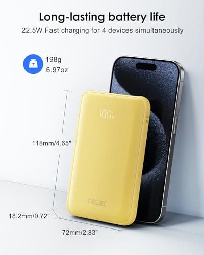 Qecvec Portable Charger 10000mAh, Cell Phone Portable Power Banks with 22.5W PD Fast Charging, Compact Phone Charger Built in Cable, Compatible with Apple, Samsung, Google, Motorola and More-Yellow - Thumbnail 2