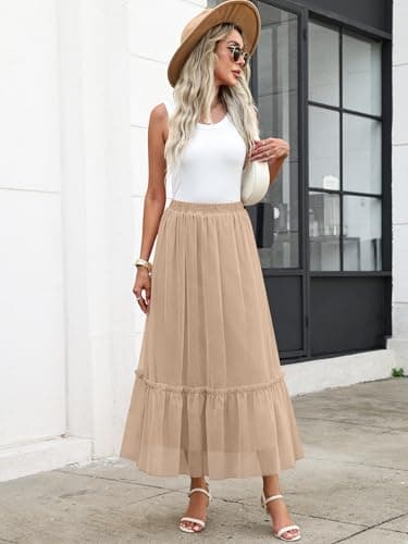 ANRABESS Maxi Skirts for Women Tulle Long Tiered Elastic High Waisted A Line Flowy Dressy Casual Skirt 2026 Fall Trendy Light Tan Medium - Thumbnail 2