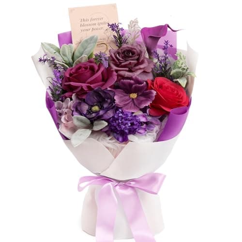 TINGE TIME Mothers Day Preserved Flowers Bouquet, Forever Flowers Gifts for Mom, Birthday Gifts for Women, Eternal Roses Bouquet for Grandma Wife Anniversary Graduation(Purple) - Image 1