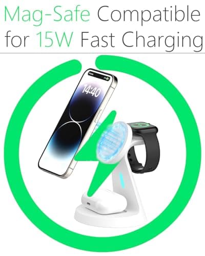 Wireless Charger Compatible with Mag-Safe,3 in 1 Charging Station for iPhone17/16/15/14/13/12 Series, Apple Watch,AirPods,15W Fast Charging (Adapter Included) - Thumbnail 3