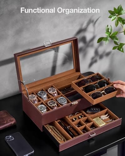 ProCase Mens Jewelry Box, Lockable 6 Slot Watch Case & 3 Slot Sunglasses Organizer, 2-layer Mens Jewelry Organizer Watch Box for Men, Watches Holder Display Storage Valentine Birthday Gifts -Brown - Thumbnail 3