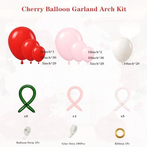 Red Cherry Balloon Garland Arch Kit, 143 Pcs Bow Pastel Pink and White Balloons for Cherry Themed Birthday Party Bridal Shower Wedding Galentine's Valentines Day Decorations - Thumbnail 2