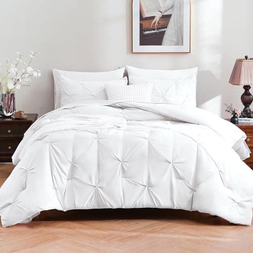 DOWNCOOL 7 Pieces White Full Size Comforter Sets, Pintuck Pinch Pleat Bed in a Bag, Soft Microfiber All Season Bedding Set for Bedroom with Sheets, Pillowcases & Shams - Thumbnail 2