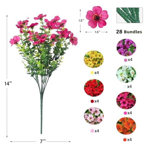 WEAUSUP 28 Bundles Artificial Plants & Flowers Silk Fake Flowers UV Resistant Bushes Plastic Artificial Flowers Faux Outdoor Indoor Plants for Spring Summer Patio Decorations(7 Colors) - Thumbnail 2