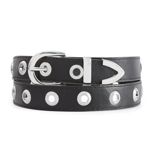 EONTISO Women Studded Leather Belt for Jeans, Punk Silver Grommets, Western Silver Buckle Black S - Thumbnail 2