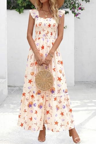 dowerme Womens Summer Maxi Dresses 2026 Casual Ruffle Sleeve Button Smocked Floral Slit Boho Dress Spring Beach Sundress(White Orange Red Flower,XX-Large) - Thumbnail 2