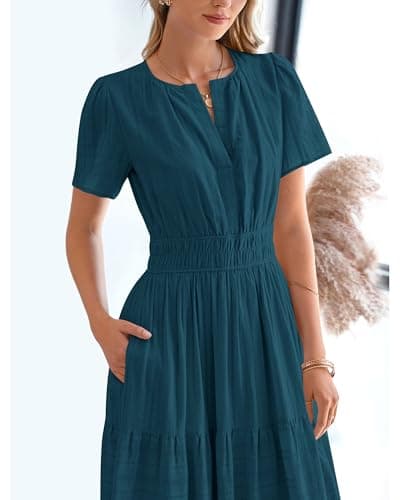 BTFBM Womens Summer 2026 Casual Midi Maxi Dresses Lightweight Short Sleeve V Neck Elastic Waist Boho Beach Dress Pockets(Lake Blue, XX-Large) - Thumbnail 6