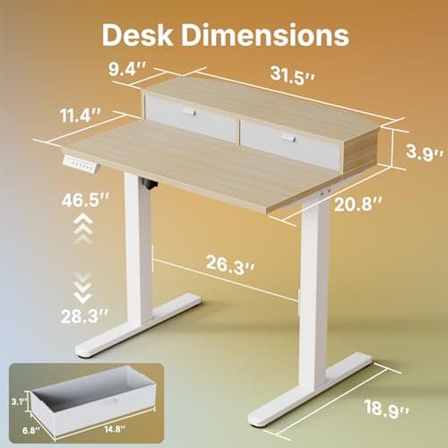 HUANUO 32 x 21 inch Small Electric Standing Desk with 2 Drawers, C-Clamp Mount Compatible, Height Adjustable Sit Stand Desk, Home Office Stand Up Desk with 4 Memory Height Settings, Light Walnut - Thumbnail 2