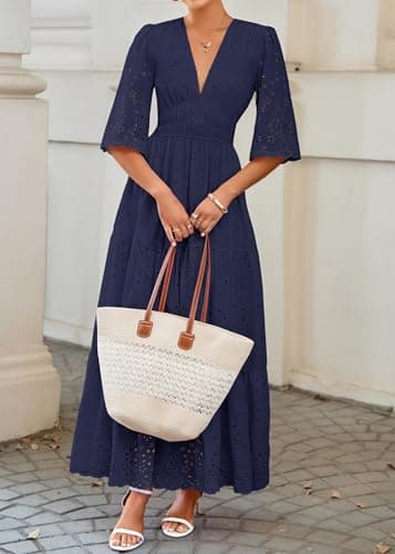 Lazysmile Long Sleeve Dresses for Women V Neck Hollow Out Eyelet Ruffle Swing A-Line Fall Vacation Boho Maxi Dress Navy - Thumbnail 3