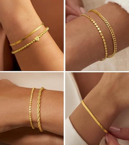 doubgood Gold Bracelets for Women Waterproof Stackable Heart Initial Charm Bracelets Set J Letter 14K Gold Plated Adjustable Chain Link Stack Jewelry Gifts for Women Mother's Day - Thumbnail 4