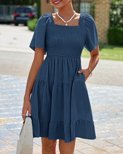 BTFBM Womens Summer Smocked Mini Dress Spring Square Neck Flutter Sleeve Casual Ruffle Swing Boho Beach Dresses Pockets(Dark Blue, XX-Large) - Thumbnail 4