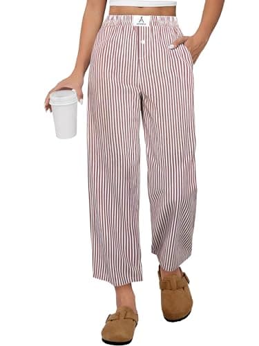 ANRABESS Womens Gingham Striped Pants, Palazzo & Cropped, Comfy & Cute, Lounge Pajama Plaid PJ Bottoms With Pockets Red White Stripe L
