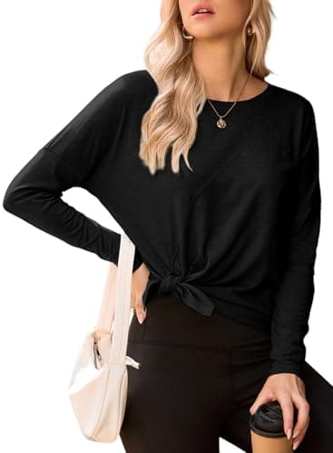 Dokotoo Long Sleeves Tshirts for Women Business Casual Clothes Fall Crew Neck Tops Side Split Summer Tie Knot Basic Pullover Trendy Outfits,Black XX-Large - Image 1