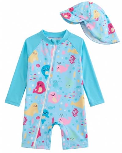 DivingBirds Baby Girl Long Sleeve Swimsuit with Sun Hat - Toddler One Piece Rash Guard Bathing Suit Zip,Cartoon,2-3 Years - Image 1
