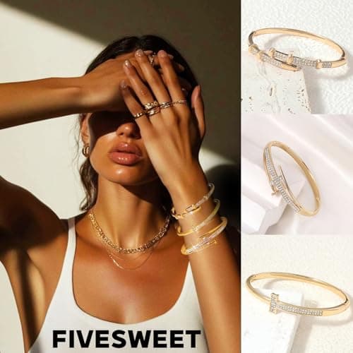 Pack of 6 - Gold Bracelet Bangles Bulk Set for Women,Trendy Stackable, Zinc Alloy Rivet & Four-Leaf Clover Design Stackable Bangles with Rhinestones, 7-inch Circumference Fits Most Adults, Jewelry Gift for Her, Girlfriend, Wife, Mom, Sister, Lover on Birthday, Christmas, Valentine's Day, Mother's Day - Thumbnail 3
