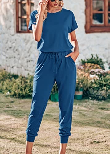 KIRUNDO Jumpsuits for Women Summer 2026 Casual Short Sleeve One Piece Outfits Drawstring Waist Long Pants Romper Jumpers(Dark Blue, X-Large) - Thumbnail 5