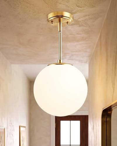 Majade Globe Pendant Lights Kitchen Island Mid Century Modern Pendant Light Fixtures 7.4 Inch Gold Ceiling Lighting with Milk Glass Shade Adjustable Brushed Brass Hanging Light for Dining Room - Image 1