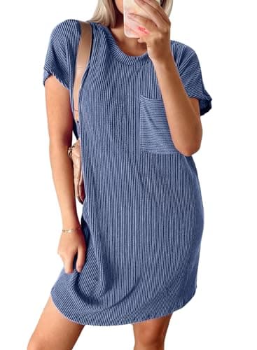 Acelitt Womens Casual Summer Dress 2026 Fashion Crewneck Short Sleeve Trendy Loose Vacation Beach Ribbed Shift Shirt Mini Dresses Blue Large - Thumbnail 5