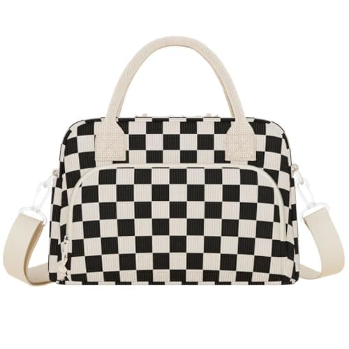 Neverwhy Insulated Lunch Bag - Cute Lunch Box for Women - Large Corduroy Reusable Lunch Box Leakproof Portable Cooler Tote Bags for Work Picnic Black White Checkered - Image 1