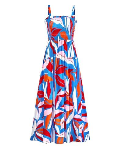 PRETTYGARDEN Womens Summer Dresses 2026 Casual Spaghetti Strap Ruffle Smocked Flowy Floral Spring Maxi Dress with Pocket(Floral Blue Multicolored,X-Large) - Image 1