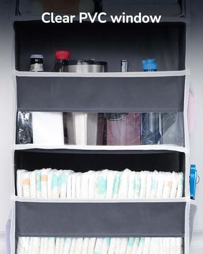 ULG 1 Pack Over Door Organizer with 5 Large and 10 Mesh Side Pockets, 44 lbs Weight Capacity Hanging Storage with Clear Window Kids Toys, Shoes, Diapers, Dark Grey, 5 Layers - Thumbnail 4