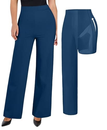 Popilush Womens Business Casual Pants Tummy Control 2 in 1 Dress Pants Work Slacks High Waisted Wide Leg with Pockets Outfits Blue Size S - Image 1