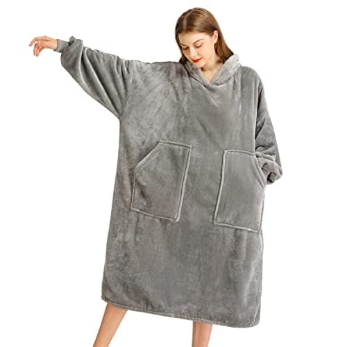 Kipswiza Oversized Wearable Blanket, Soft Flannel Long Hoodie Blankets for Adults-Light Grey