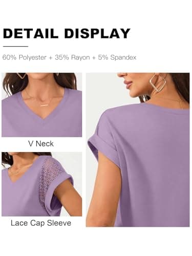 Bliwov Womens Summer Tops V Neck Lace Short Sleeve T Shirts Dressy Casual Business Outfits 2026 Spring Fashion Tee Clothes Light Purple - Thumbnail 5
