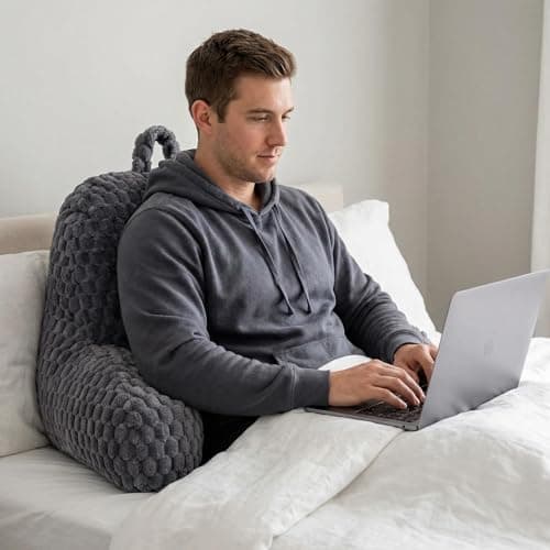 GRASS BROOK Faux Fur Reading Pillow with Pocket & Handle for Sitting in Bed, Ergonomic Back Support Bed Pillow for Lounging, Study & Relaxing, Gray 15.5 inches - Thumbnail 6