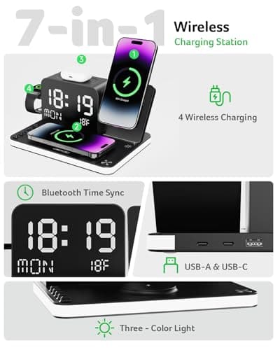 Acer Gadget 7-in-1 Wireless Charging Station Charger Stand for Multiple Devices for Apple - iPhone 17 16 15 14 13 12 Pro Max Apple Watch Airpods, Wireless iPhone Charger Station with Bluetooth TimeSyn - Thumbnail 2