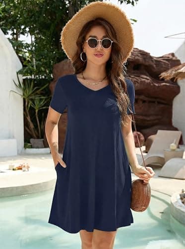 KORSIS Dresses for Women Casual T-Shirt Summer Short Sleeve A Line Sundress Swing Flowy Work Vacation Sundress with Pockets Navy Blue S - Thumbnail 4