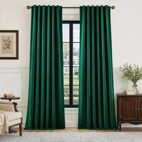 HOMEIDEAS 100% Blackout Faux Silk Curtains,Hunter Dark Green Thermal Insulated Room Darkening Window Drapes,Luxury Vintage Curtains for Bedroom Living Dining Room, 52 X 84 Inch, 2 Panels