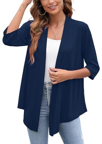 Heymoments Cardigan for Women Dark Blue Large Draped Open-Front 3/4 Sleeve Lightweight Casual Soft Drape Summer Fall Kimonos Cardigans