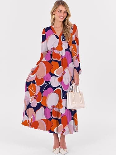 ANRABESS Womens Long Sleeve Boho Maxi Dress 2026 Fall V Neck Floral Striped Casual Loose Fit Beach Vacation Dresses Print Floral Butterfly Small - Thumbnail 3