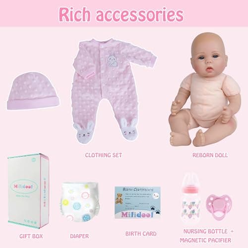 Milidool Reborn Baby Dolls Lifelike Girl Doll 18 inch Realistic Newborn Baby Doll Real Looking Silicone Baby Dolls Girl with Feeding Complete Accessories for 3+ Years Old Gifts - Thumbnail 5